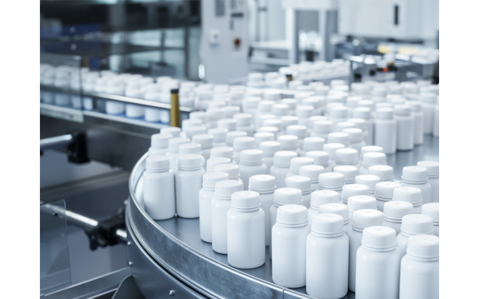 Pharma Conveyor transporting pharmaceutical containers in a cleanroom environment